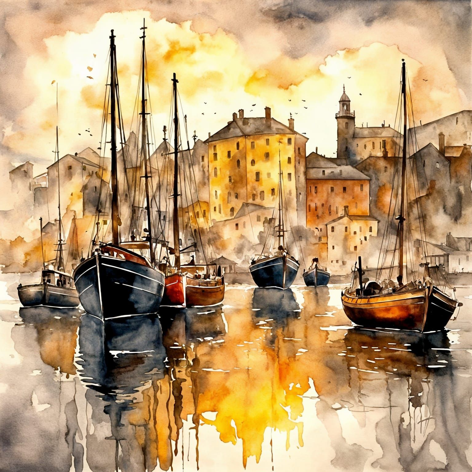 Moody Watercolor Painting of Ancient Harbor with Sailing Boa...
