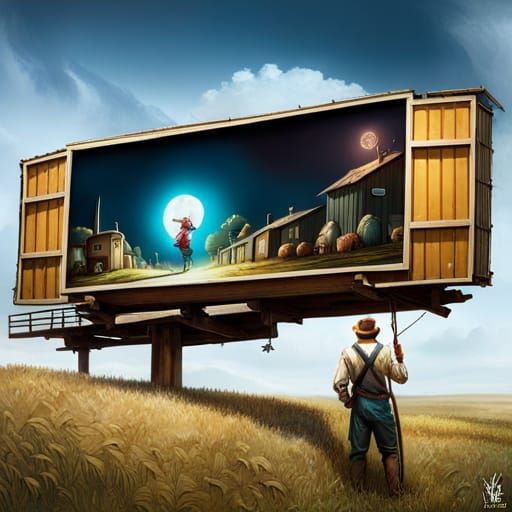 Joyful Farmer with Billboard: Fantasycore Art