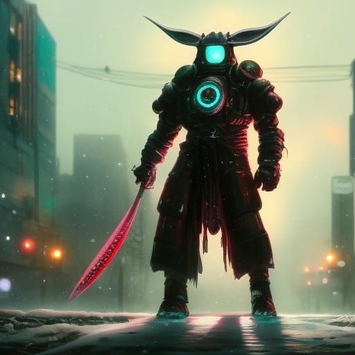 Bioluminescent Mech Samurai Warrior in Biopunk City