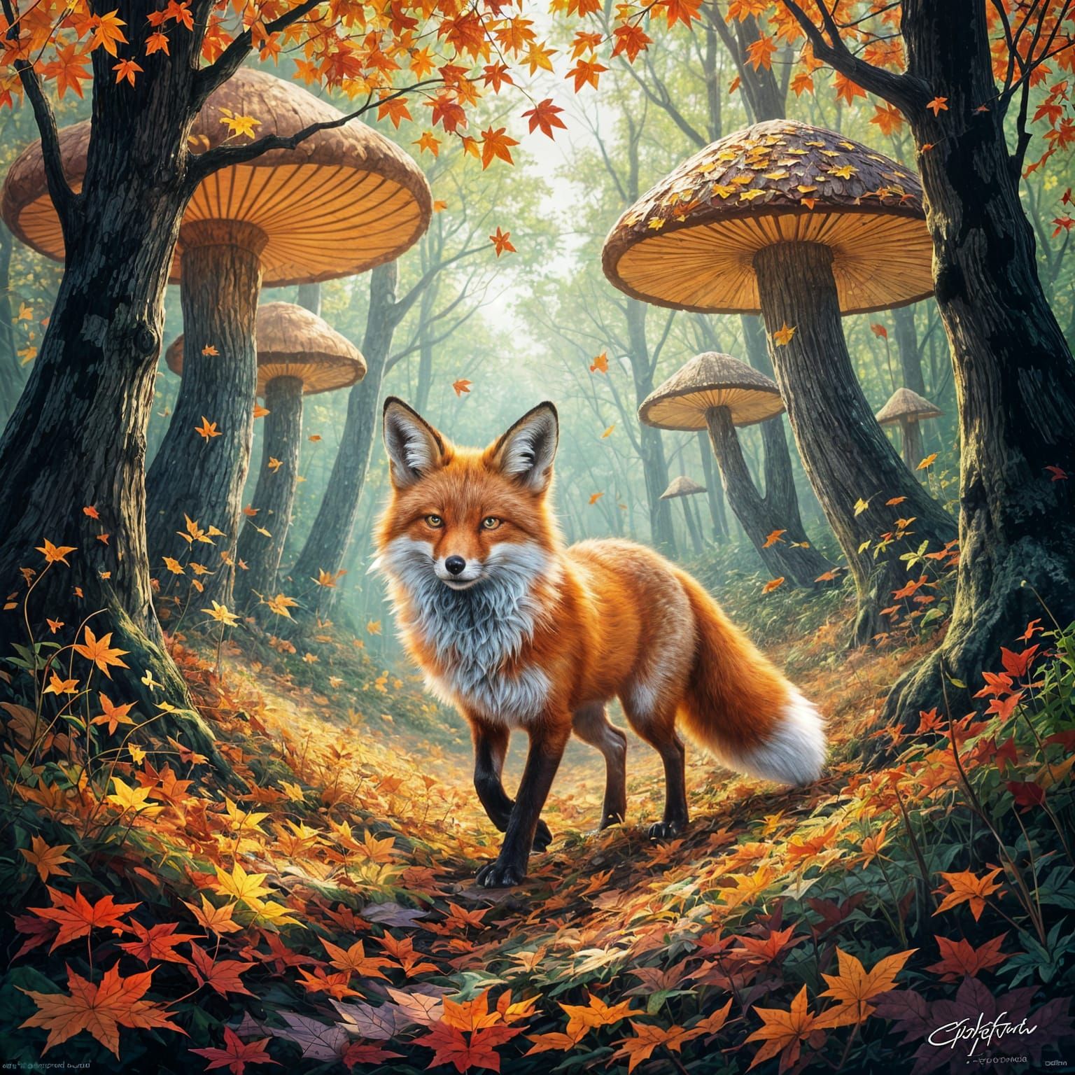 Spectral Fox in Bioluminescent Mushroom Forest