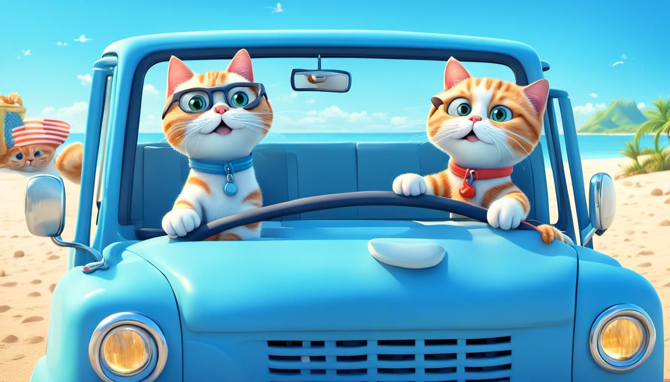 Cats on a Beach Trip in a Cute Truck