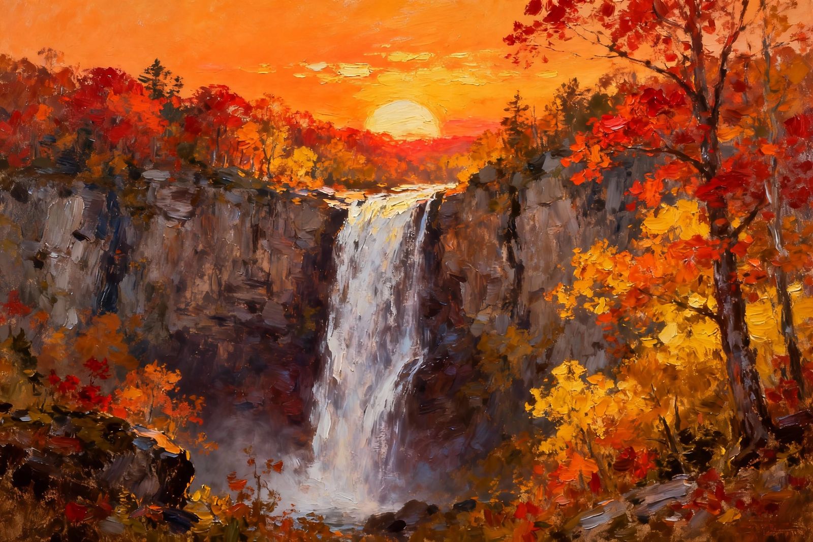Majestic Autumn Waterfall in Painterly Style with Glowing Sk...