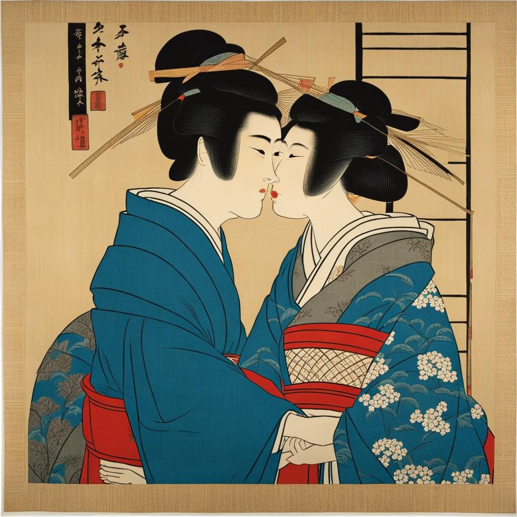 The Kiss: Ancient Japanese Print Style