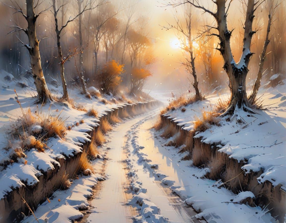 Winter Path in Watercolour Style Sunset Scene