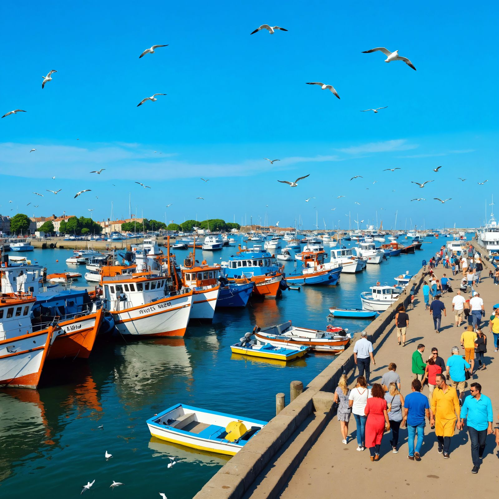 Bustling Harbor Scene with Fishing Boats