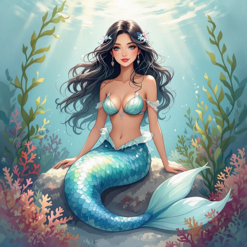 Opal Mermaid in Serene Watercolor Underwater Scene