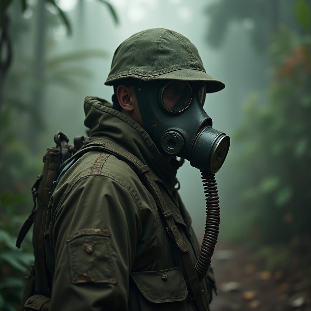 Soldier in a M50 Gas Mask, Faded Green Beret, in a Misty Jun...