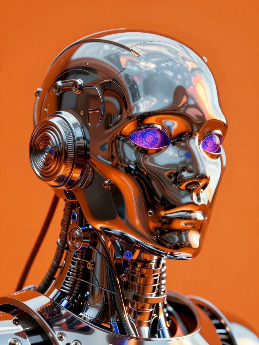 Chrome Robot Portrait Under Orange Light