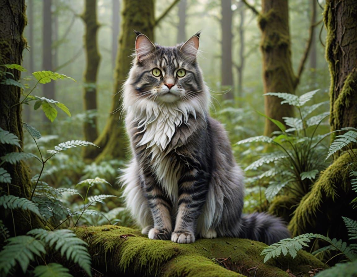 Majestic Norwegian Forest Cat Roams the Misty Wilderness