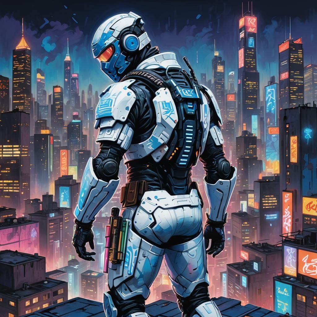 Cyberpunk Ninja Overlooking Neon Megacity in Graffiti Art