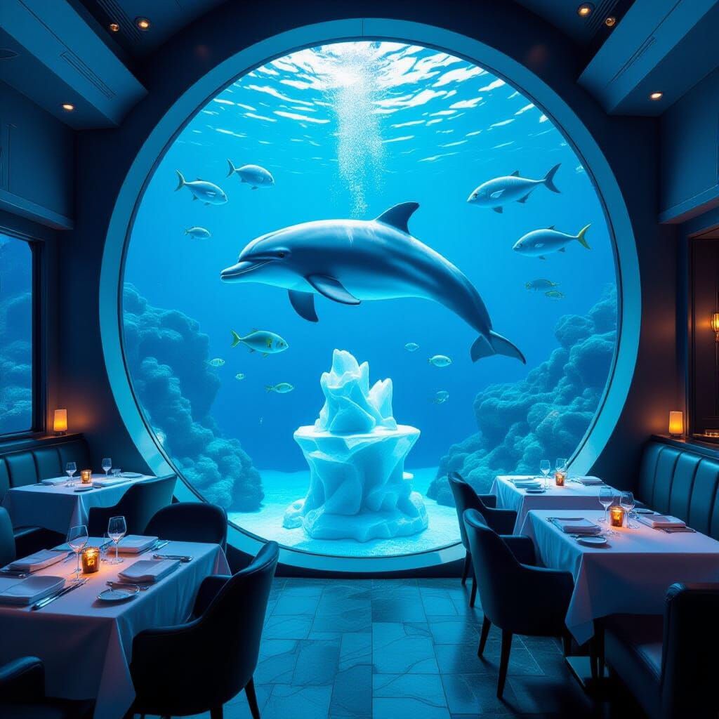 Future Undersea Restaurant With Dolphin Ice Sculpture