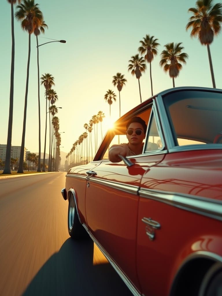 Asian Man Cruising in Lowrider on Palm-Lined Boulevard