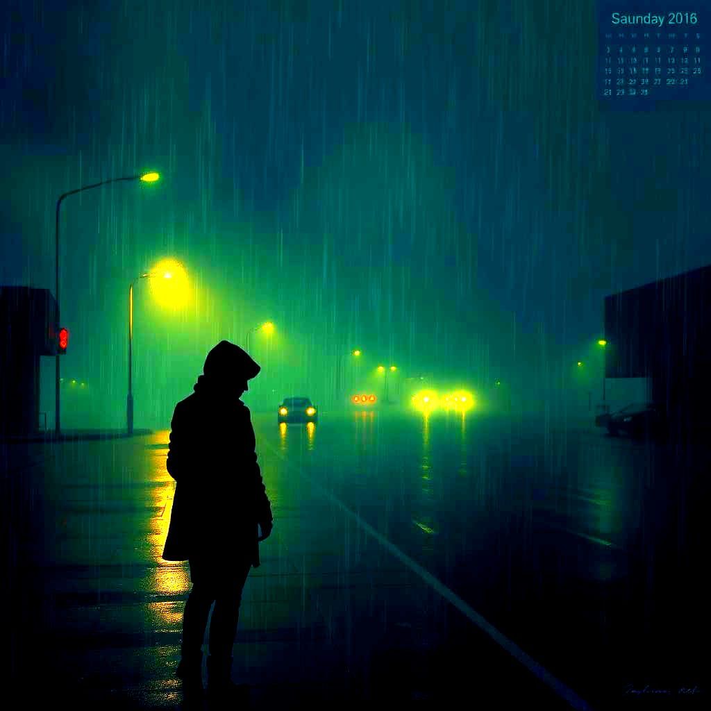 Woman Walking Alone in Rainy Night