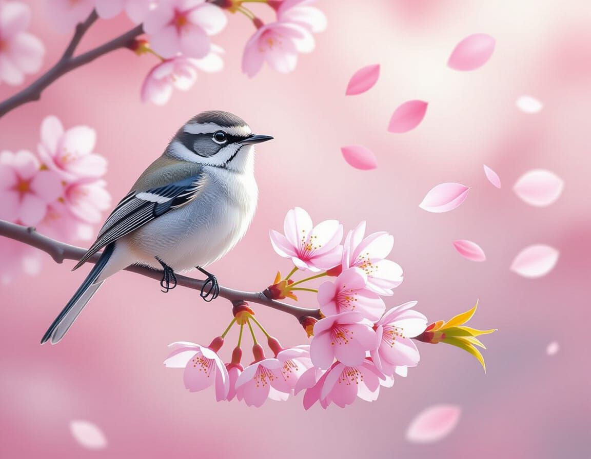 Japanese White-eye on Cherry Blossom Branch
