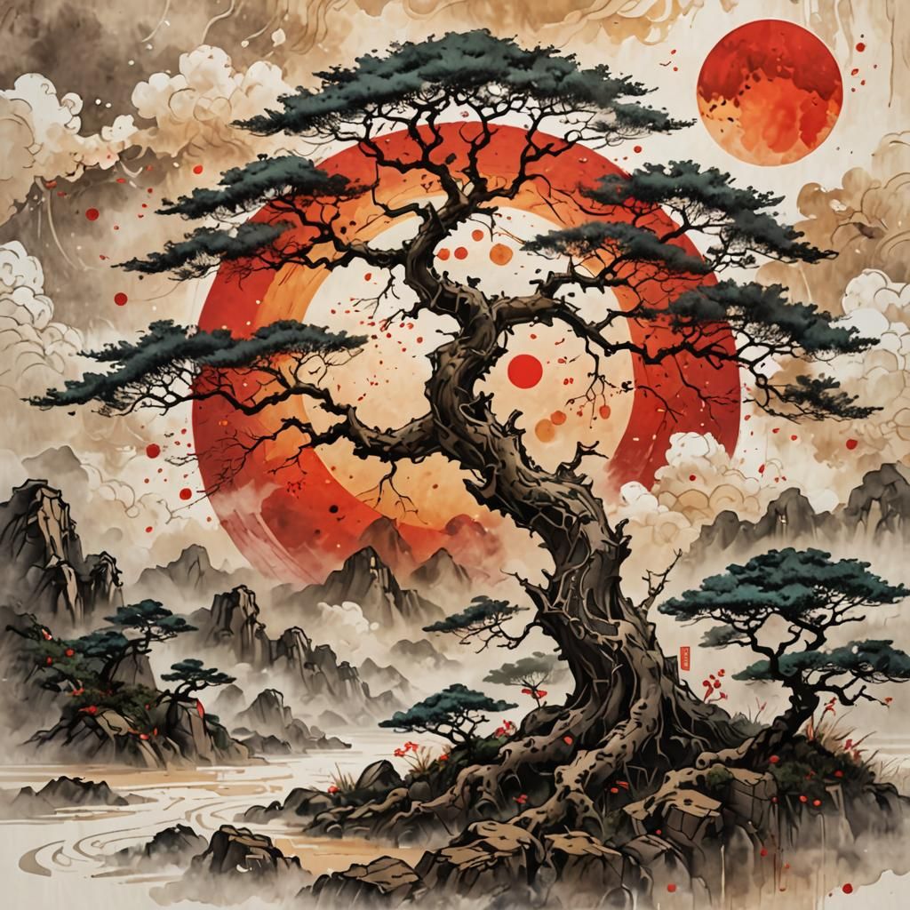 Old Tree Under Red Sun in Chinese Ink Painting
