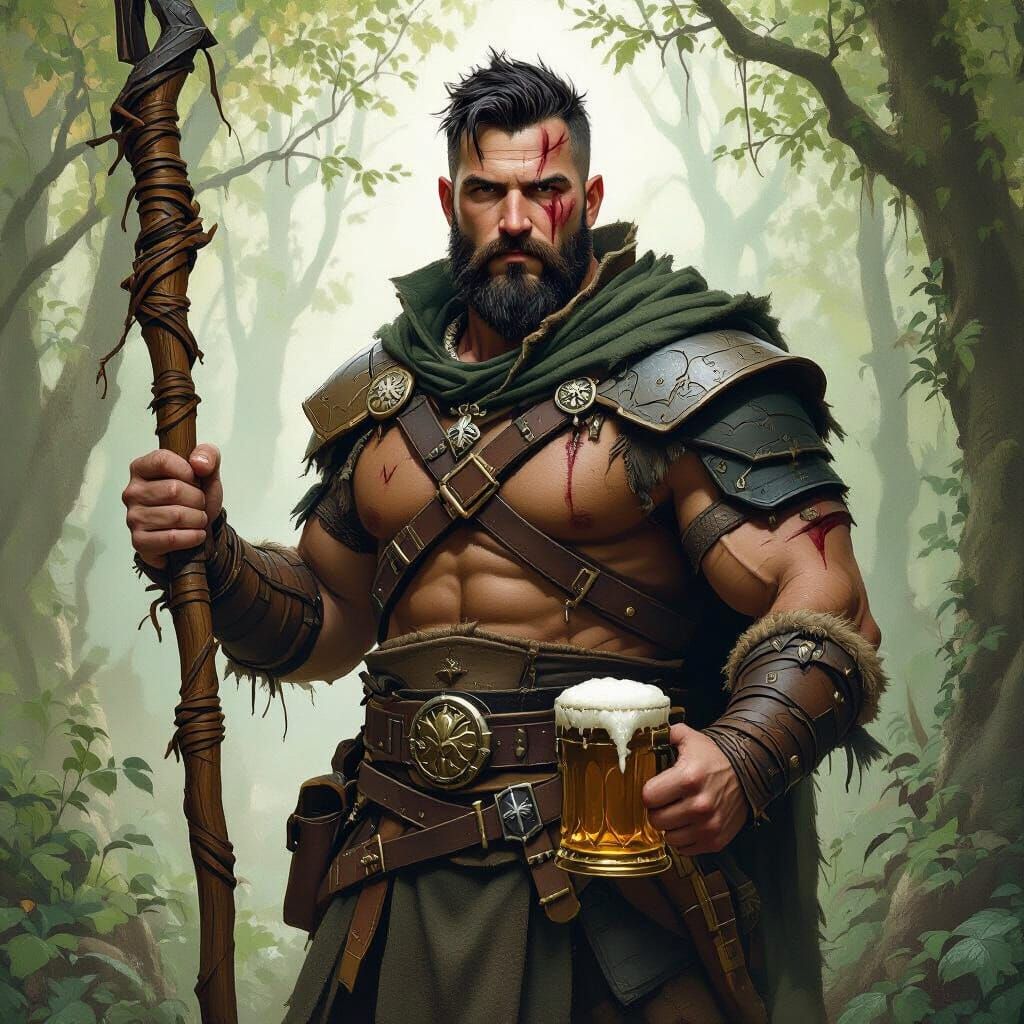 Mystical Forest Druid with Tankard, Matte Painting Style