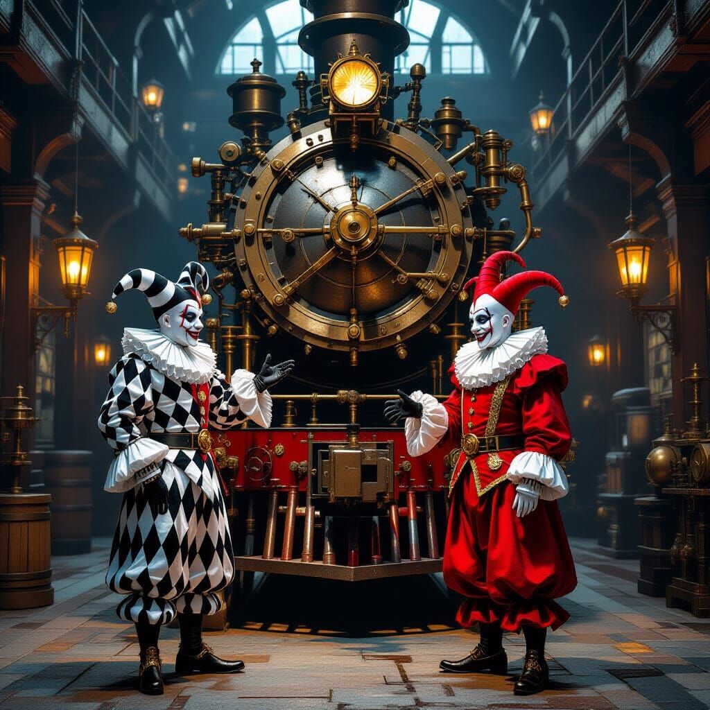 Jesters Before Steampunk Engine Digital Painting