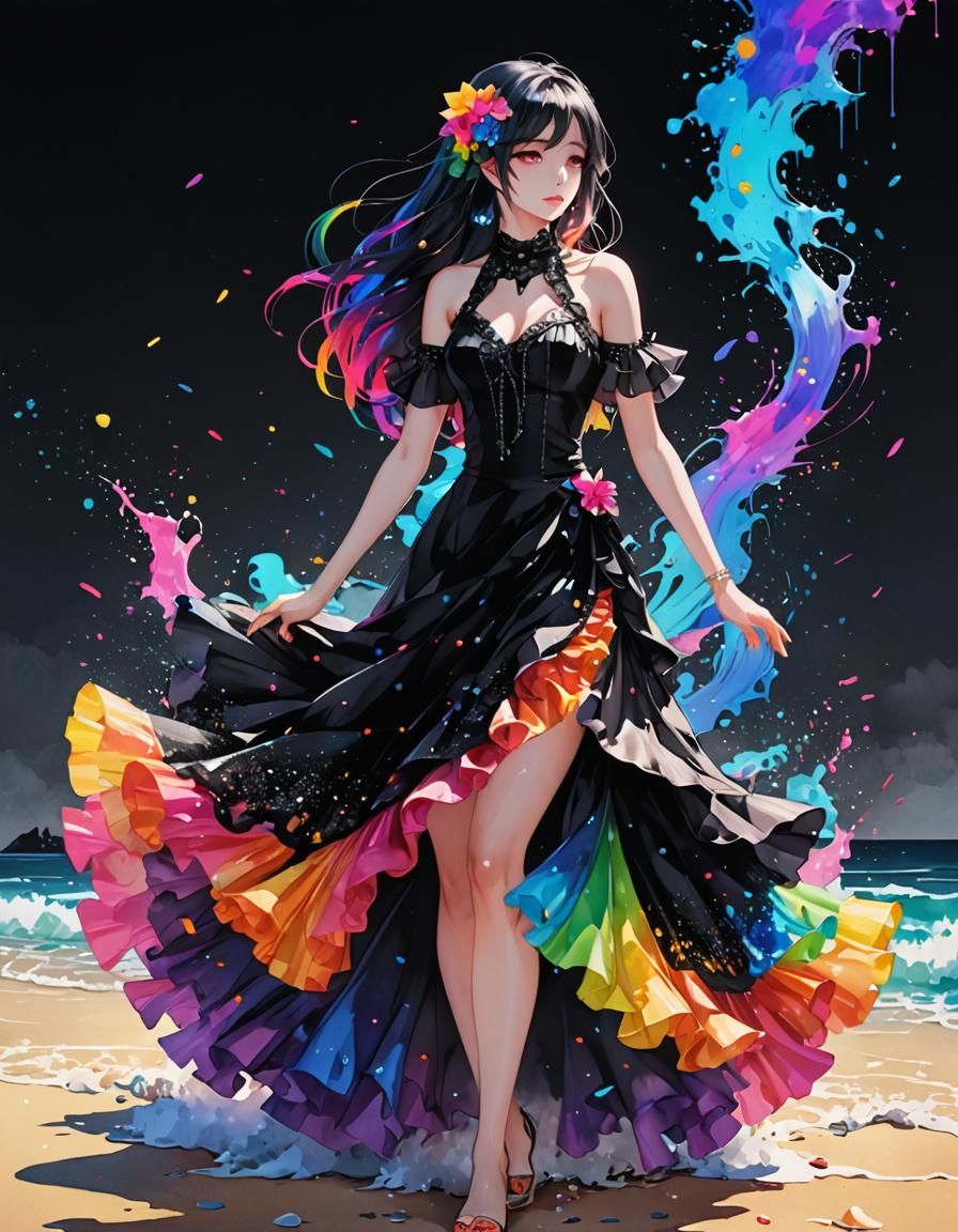 High Contrast Beach Scene with Neon Rainbow Ink