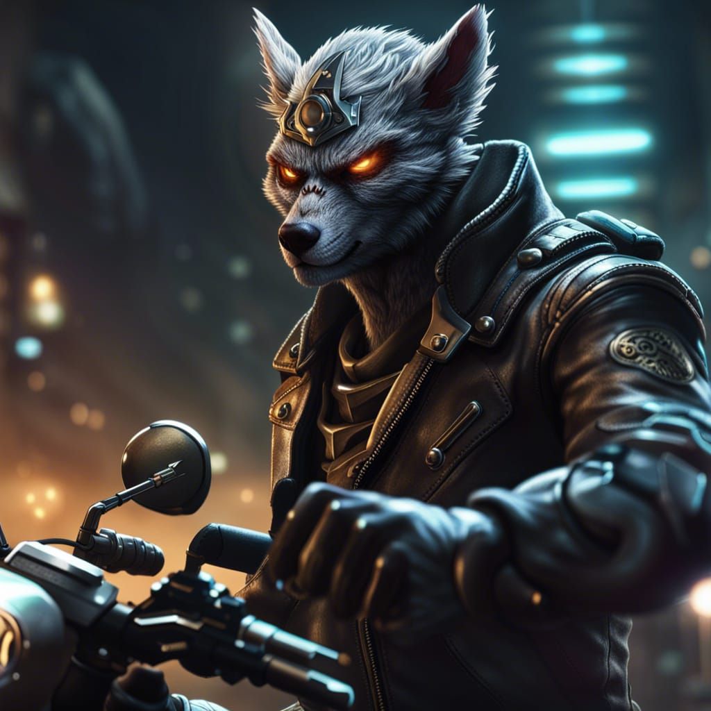 Protogen Biker with Gun, Dark Fantasy Concept Art