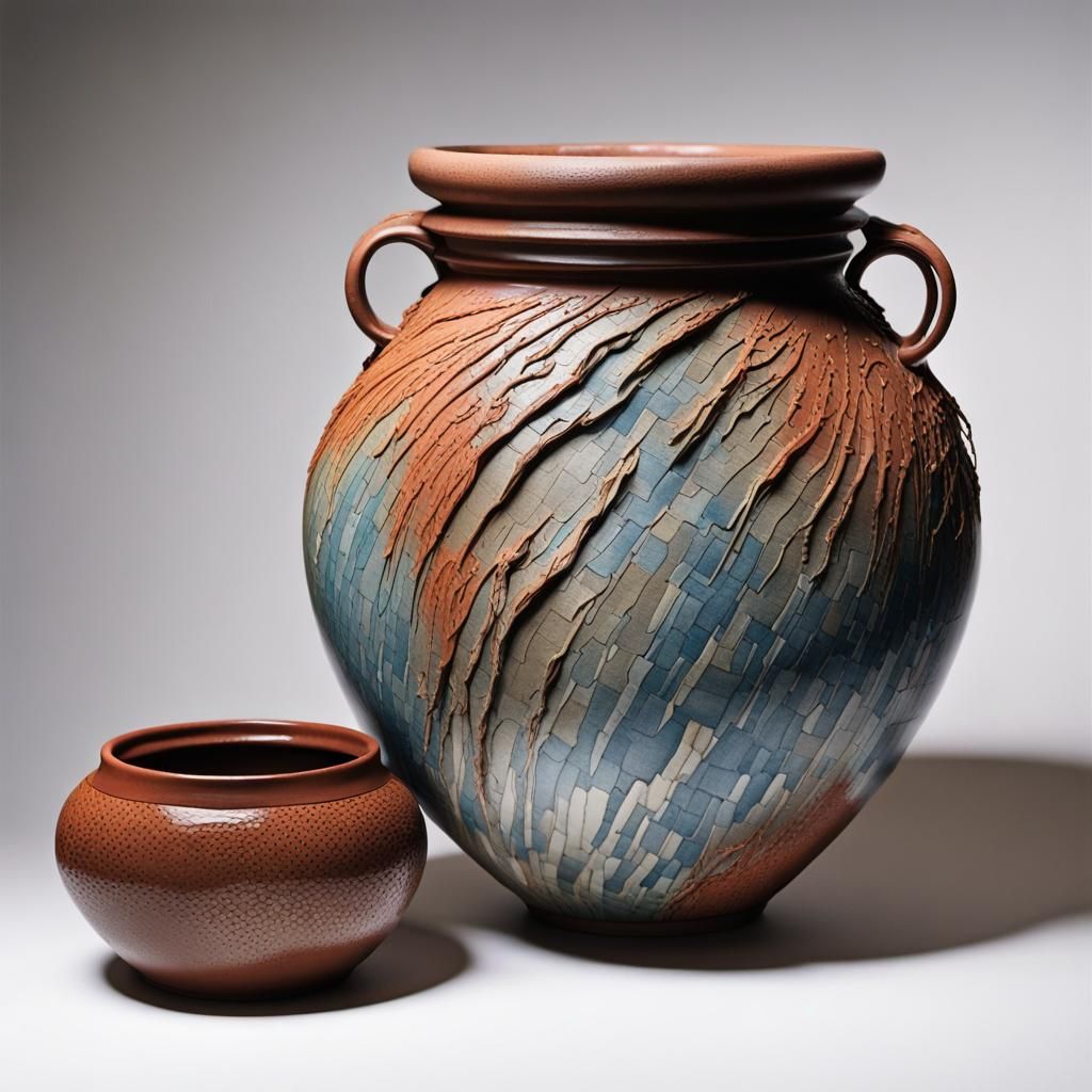 Unique Ceramic Vessels in Mixed-Media Art Style