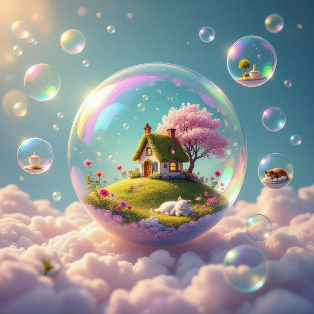 Enchanted Cottage Inside Floating Iridescent Bubble