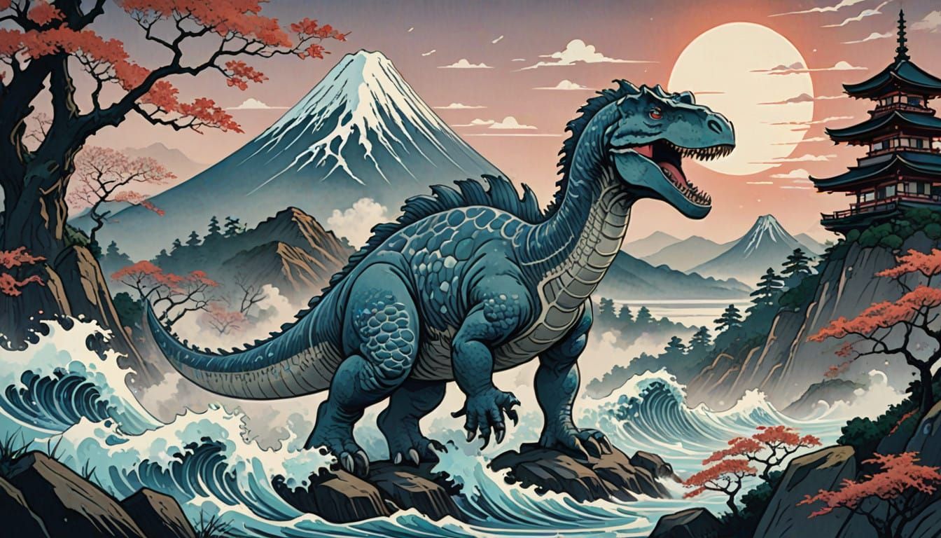 Majestic Dinosaur Amidst Japanese Misty Landscape
