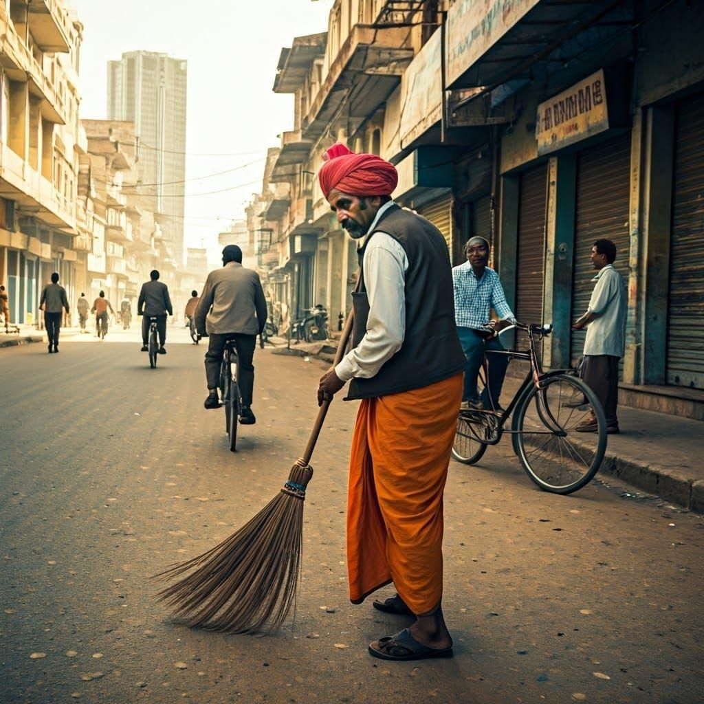 Indian Street Sweeper Painting: Cinematic Street Scene