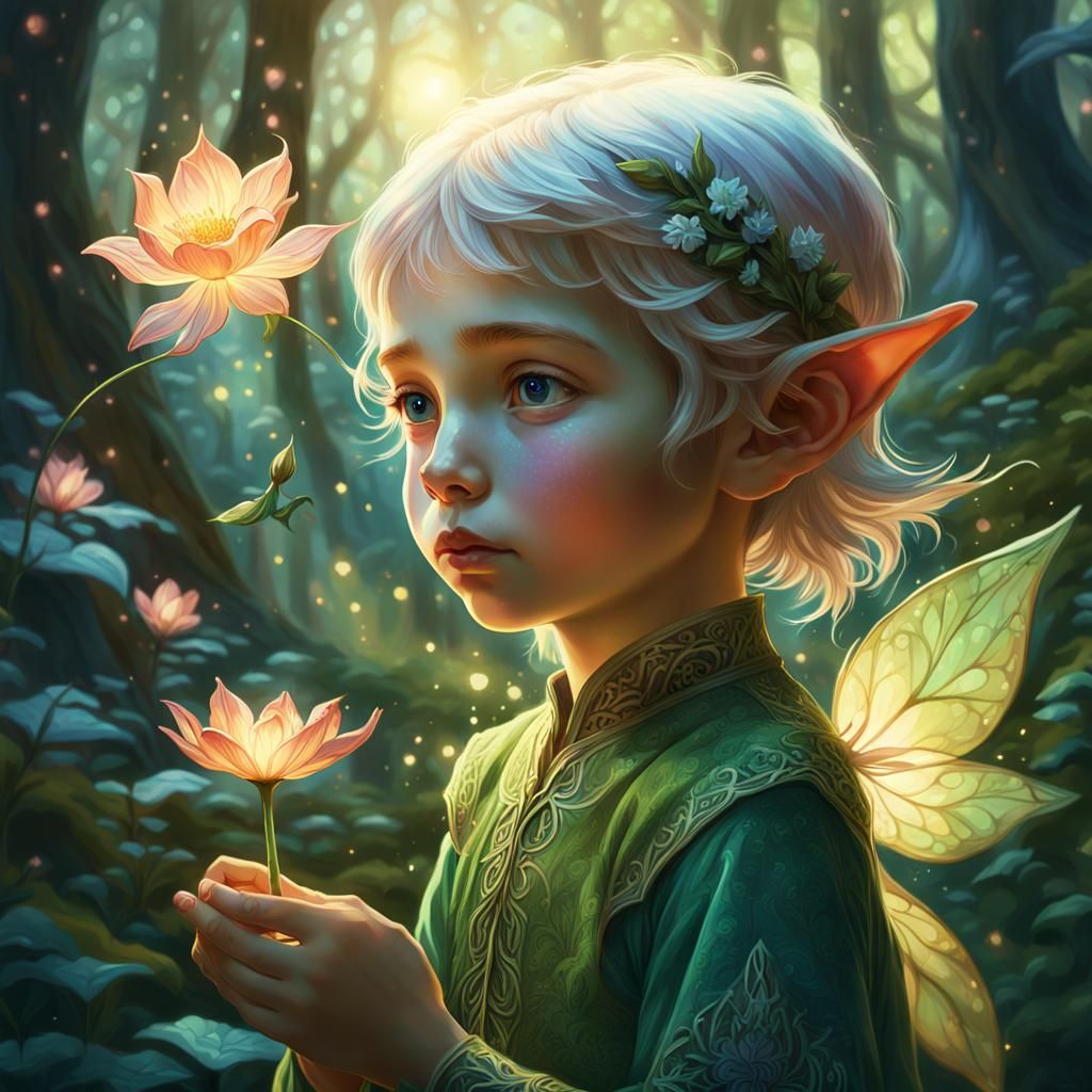 Elf Child with Flower in Dreamscapes Style