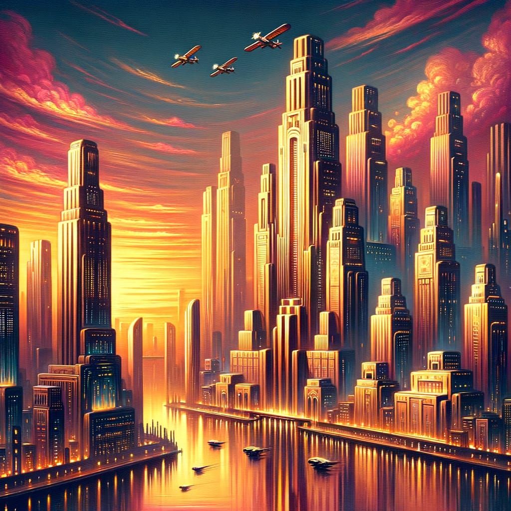 Art Deco Cityscape at Dawn in Steampunk Style