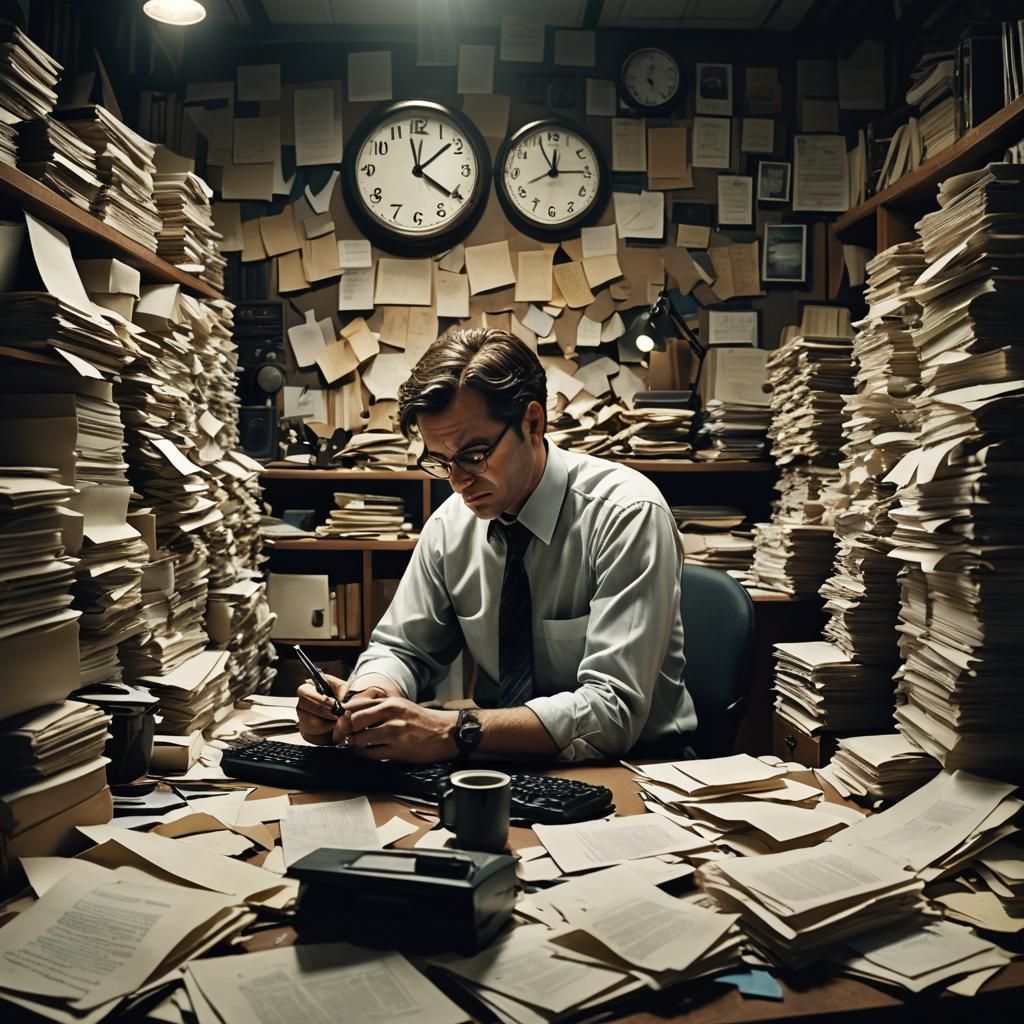 Stressed Office Worker in Cramped Office: Matte Painting