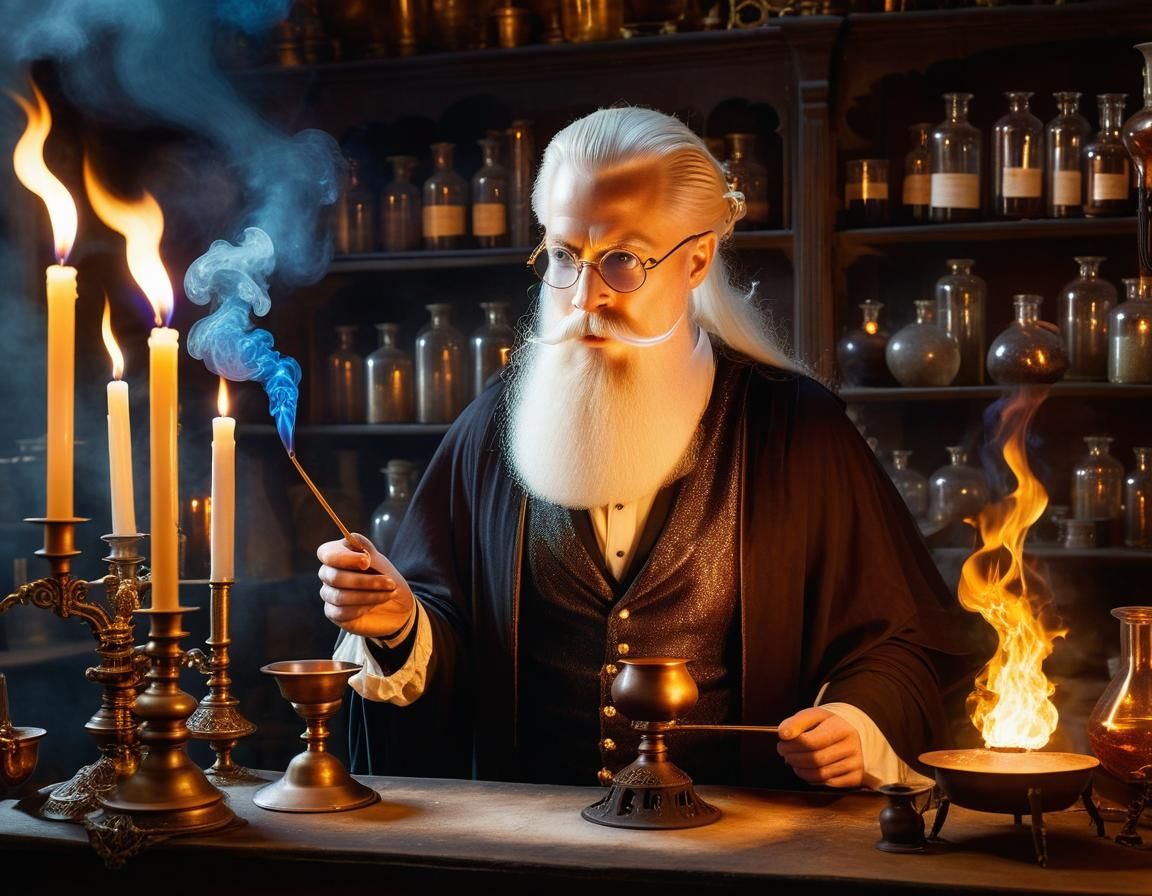 Albino Wizard in Alchemist Laboratory at Magic Hour