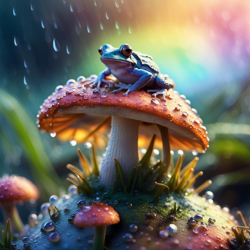 Frog on Mushroom in Morning Dew