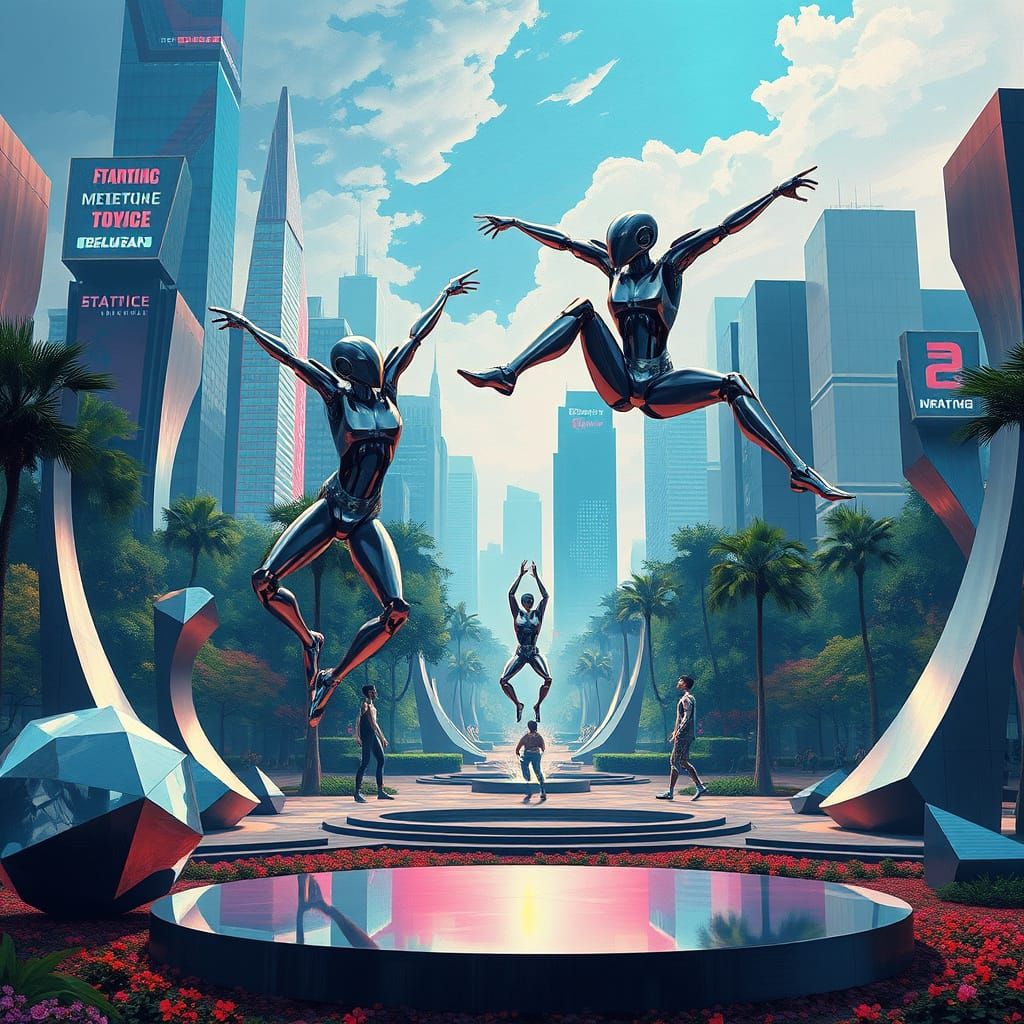 Cyberpunk Robots in Park: Neo-Cubist Geometric Oil Painting