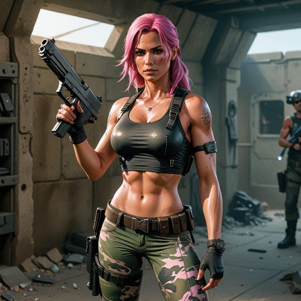 Camo Lara Croft with Desert Eagles, Comic Book Art