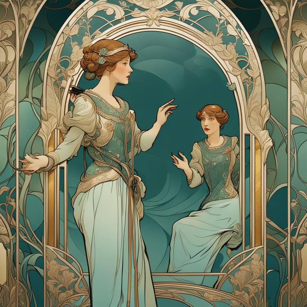 Art Nouveau Woman and Ornate Mirror