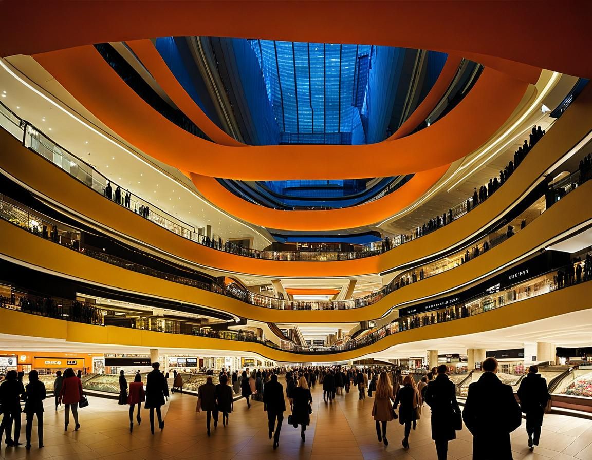 Underground Shopping Center with Waterfall in Brash White