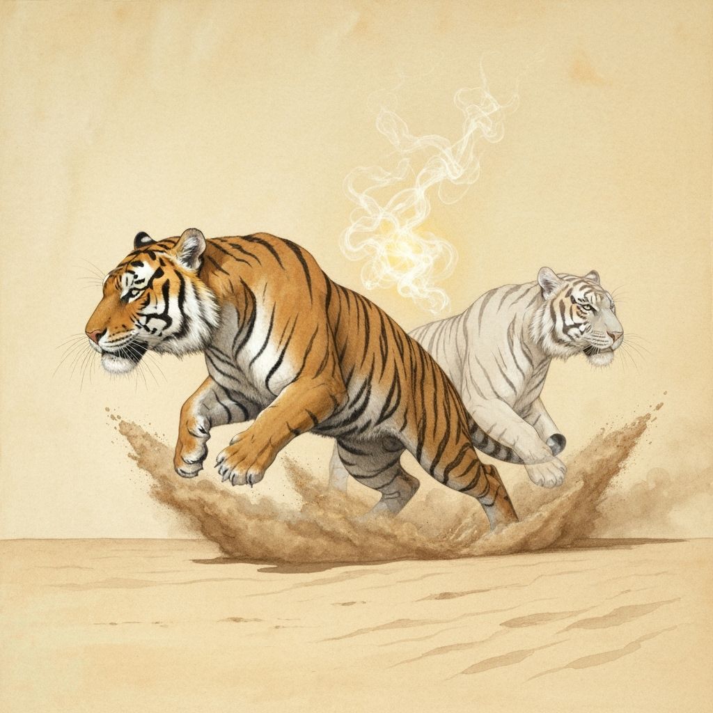Tiger and Spirit Tiger in Subtle Watercolor Surrealism