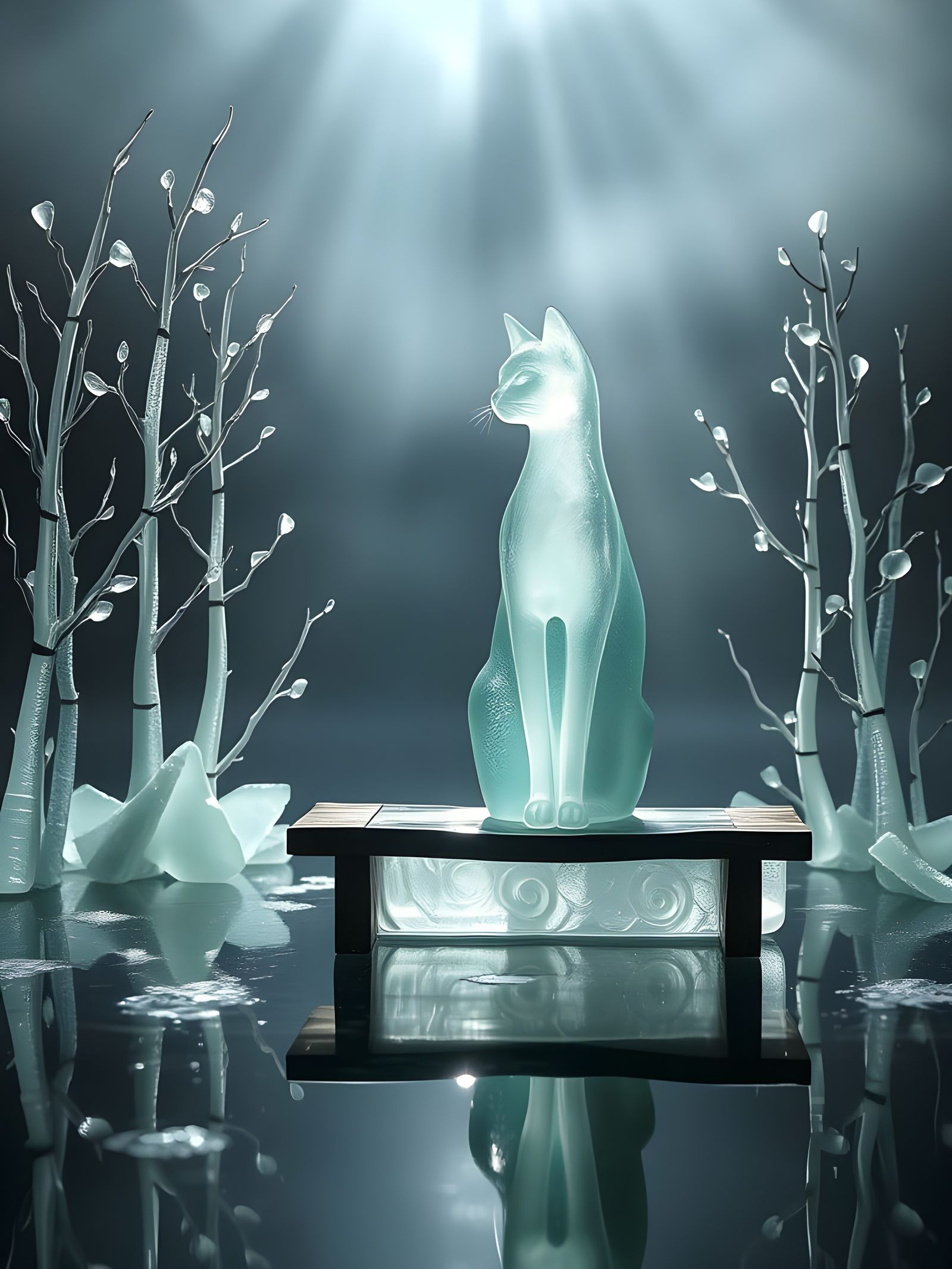 Sea Glass Cat Sculpture on Misty Lake Dock