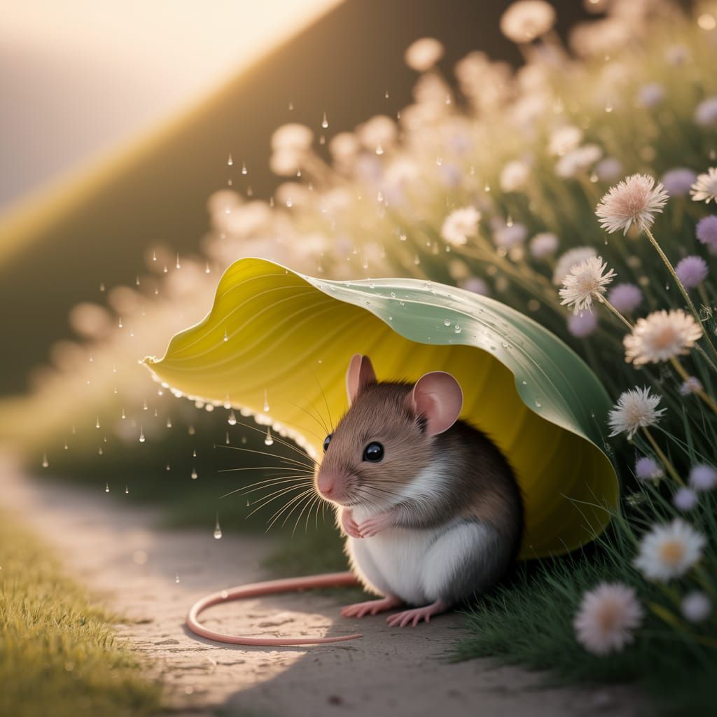 Cute Mouse Sheltering Under Leaf in Vintage Style