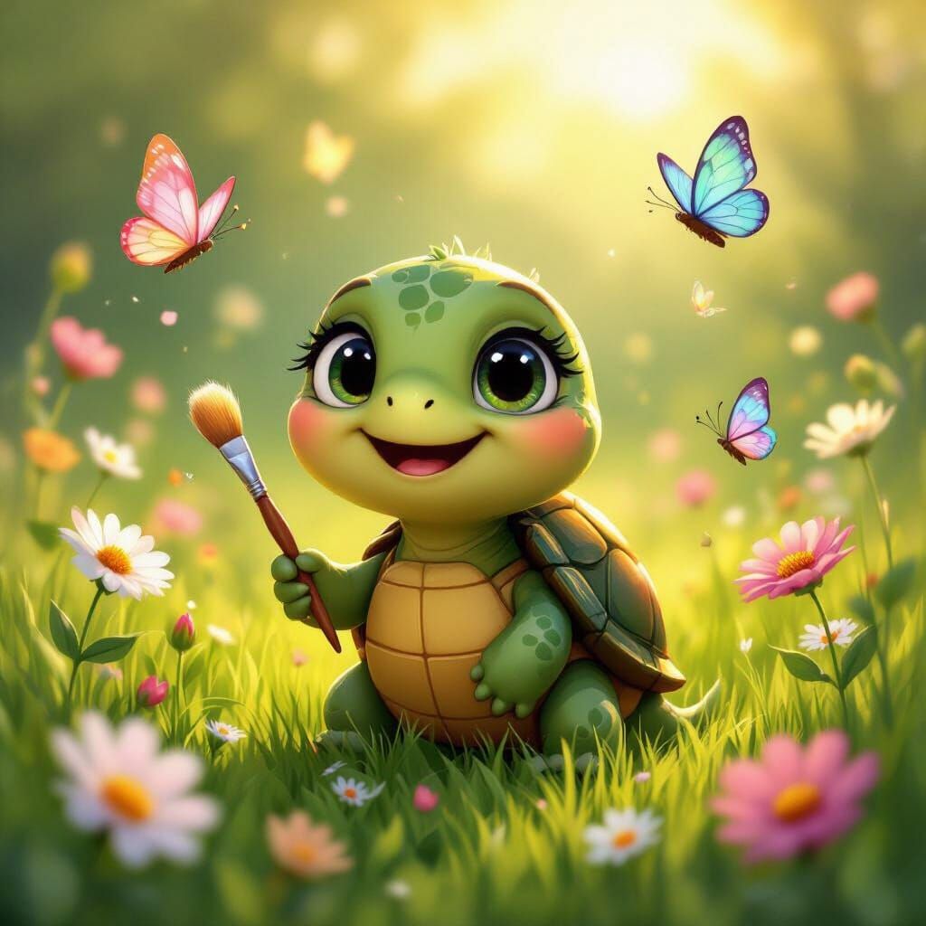 Cheerful Cartoon Turtle Tiko in a Magical Humming Meadow