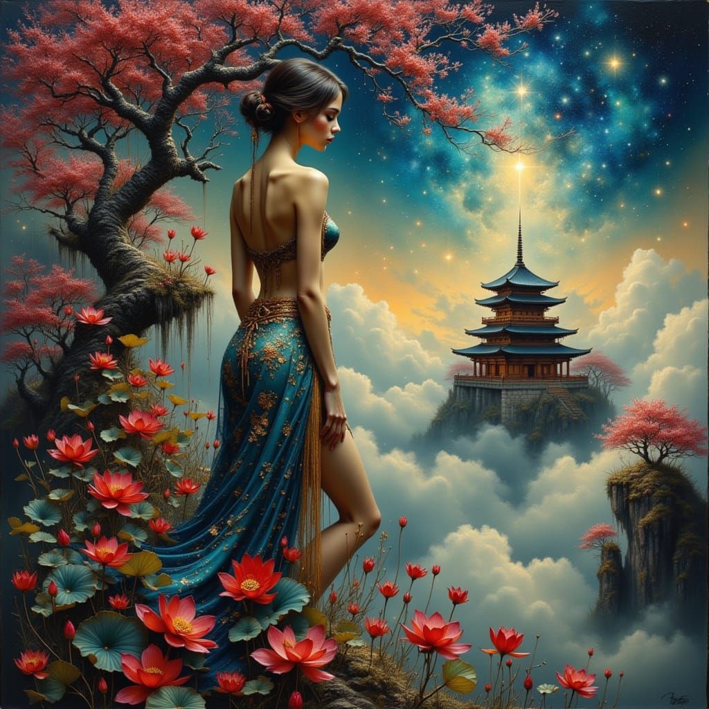 Ethereal Japanese Goddess in Spectral Castle Oil Painting