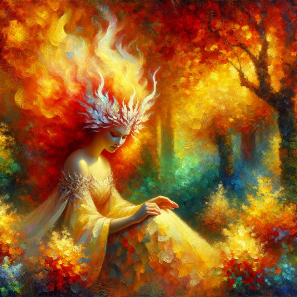 Norse Sun Goddess in Autumn Forest, Impressionist Style
