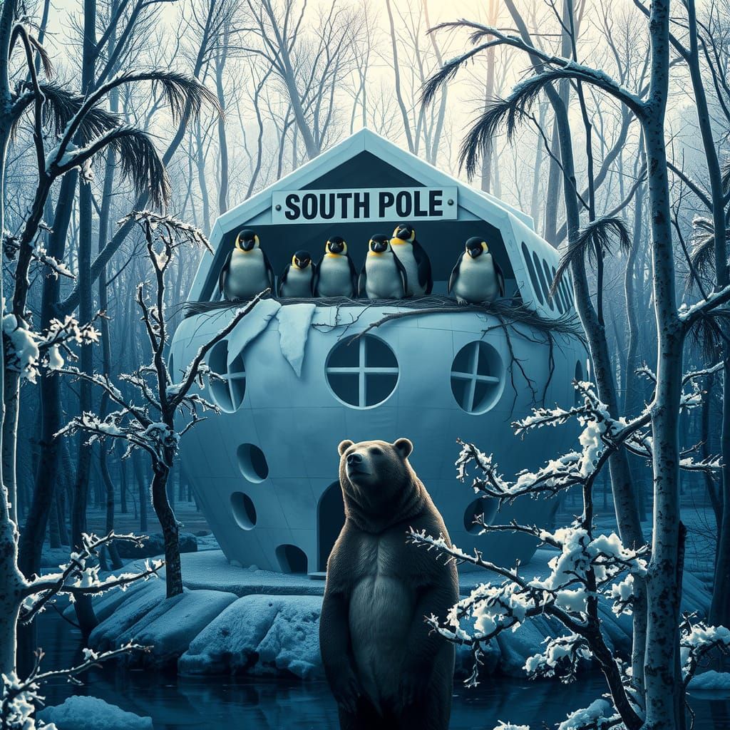 Surreal Forest Igloo with Penguins and Bear