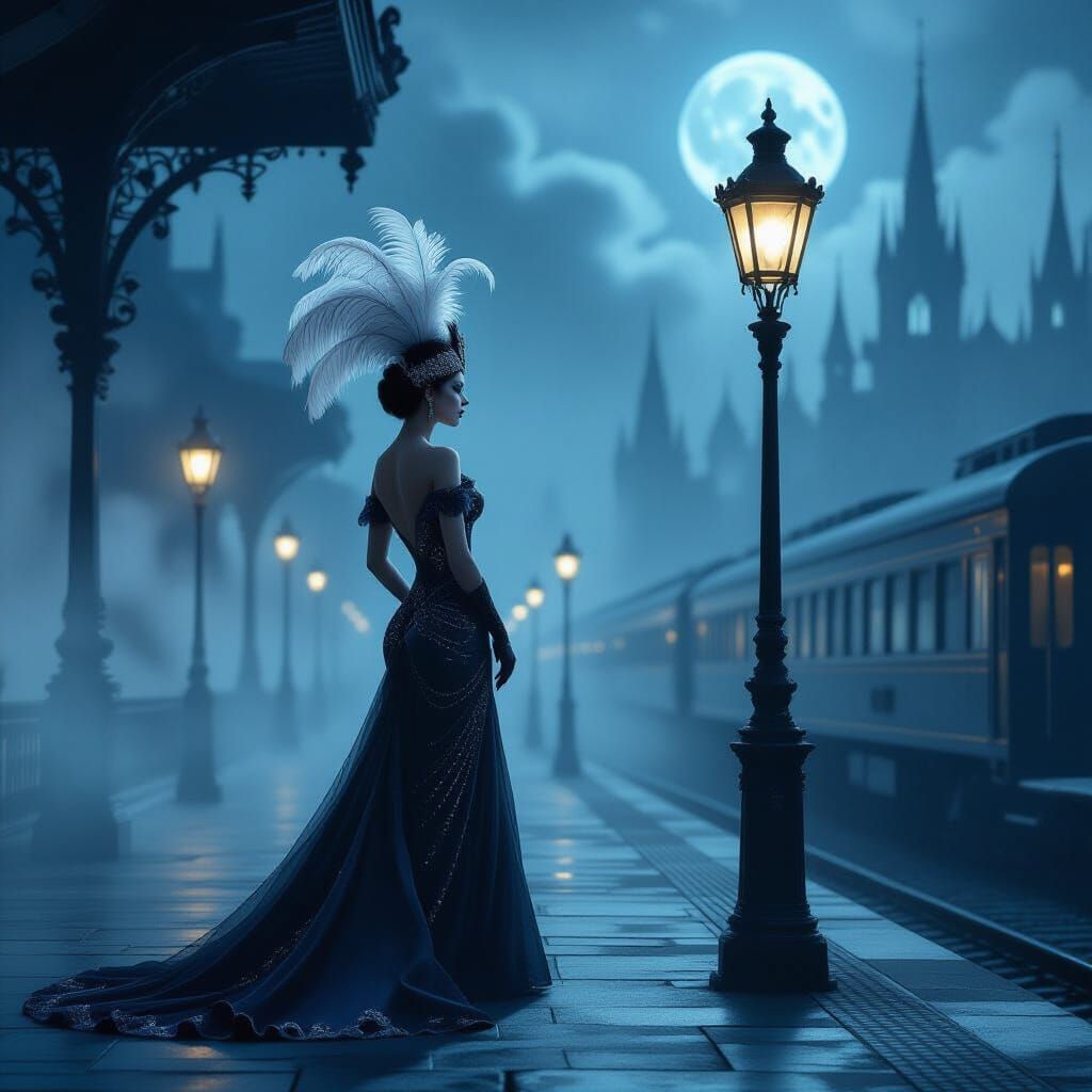 Ethereal Showgirl on Foggy Moonlit Platform