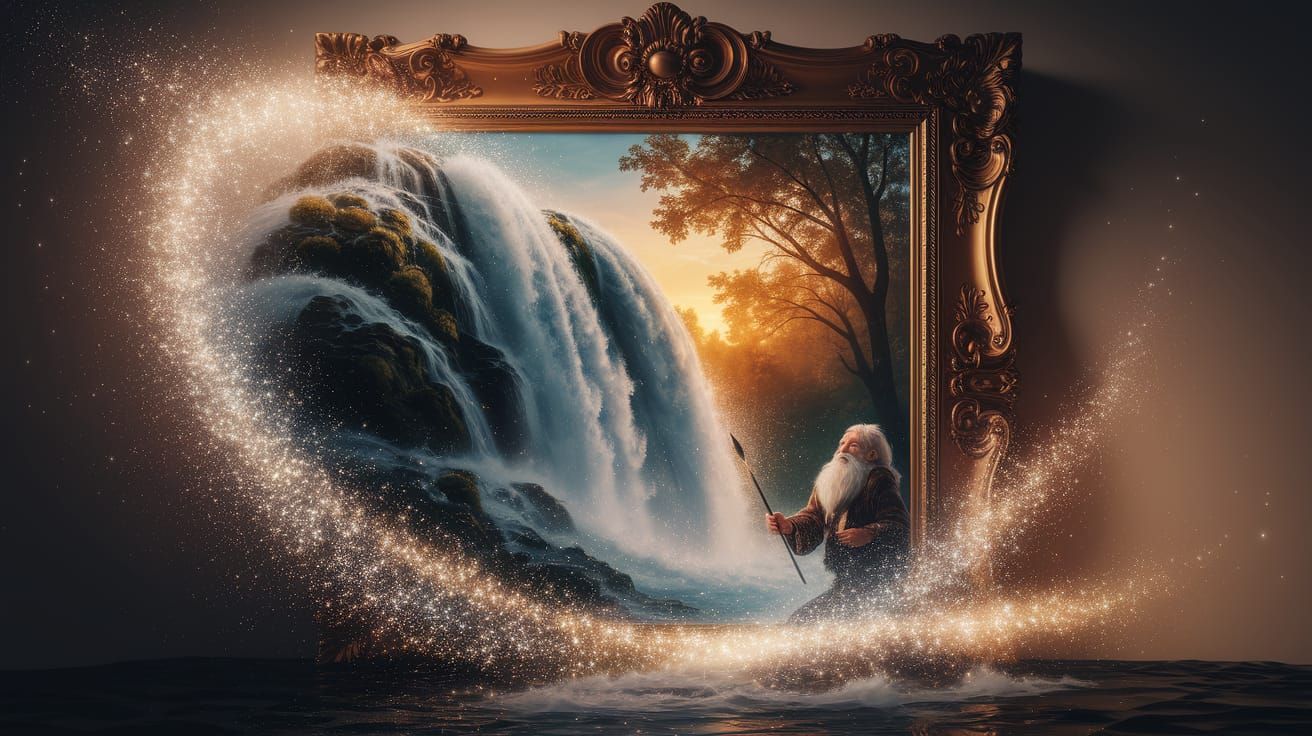 Enchanted Waterfall Emerges from Antique Painting Frame