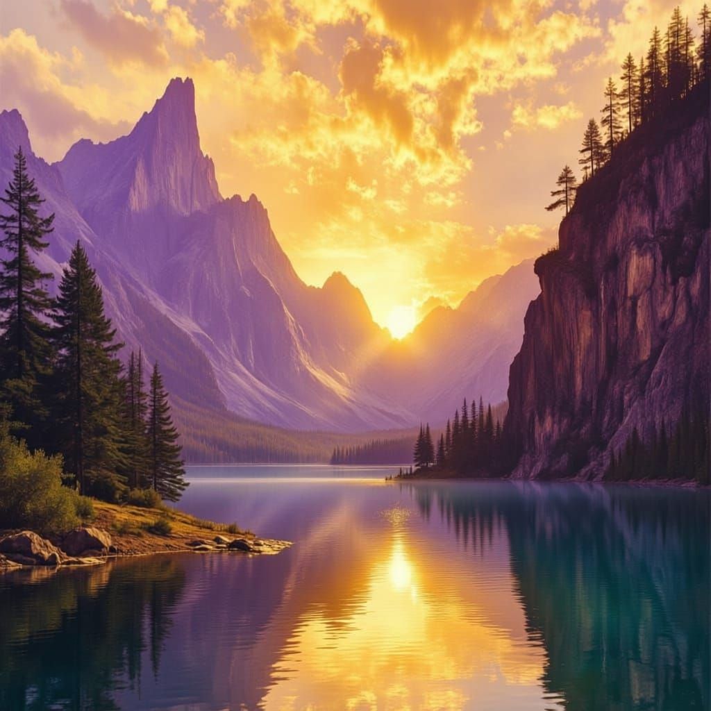 Sunrise Over Serene Mountain Lake in Thomas Kinkade Style