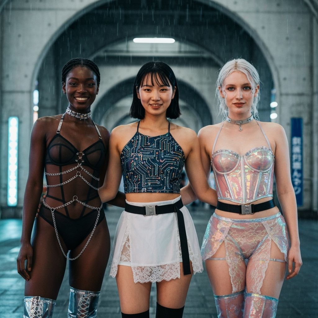 Cyberpunk Beauties Under Neon Shibuya Arches