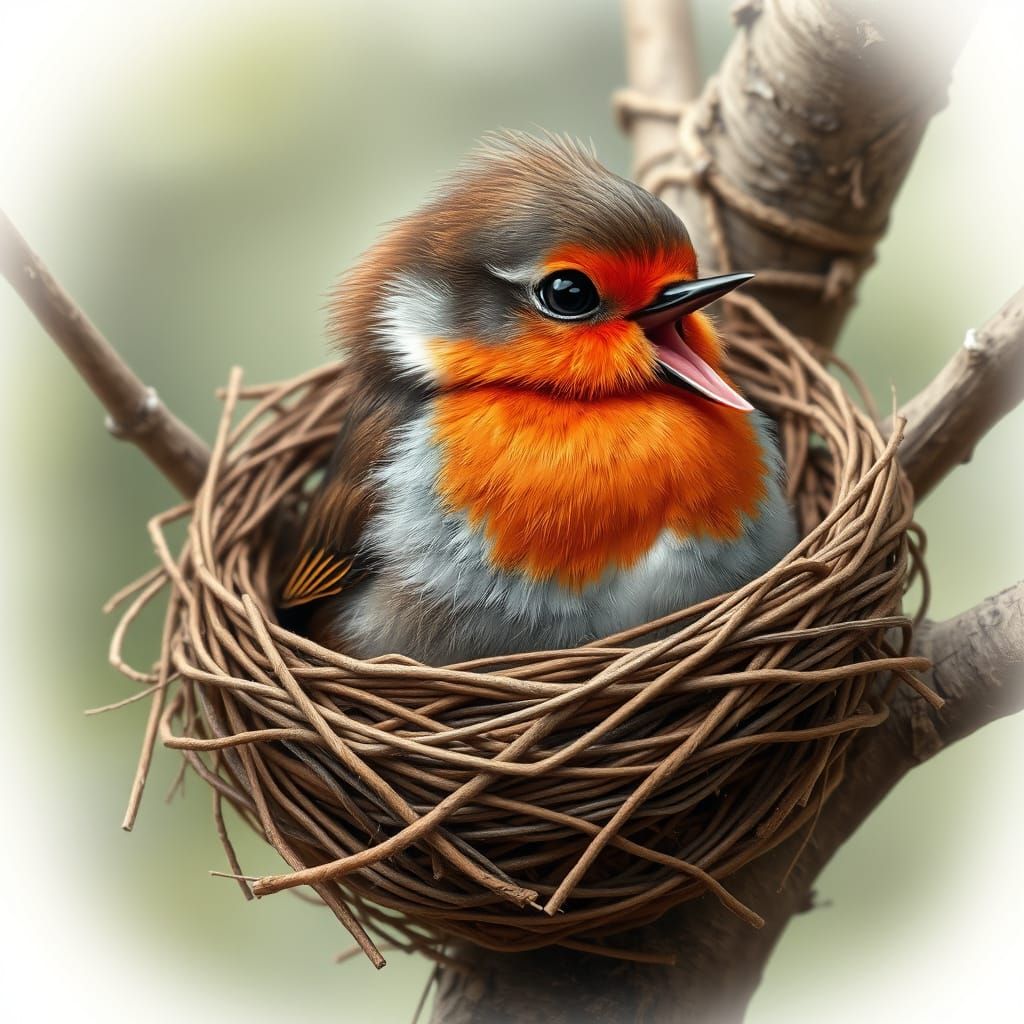 Realistic Robin Sticking Tongue Out in Nest