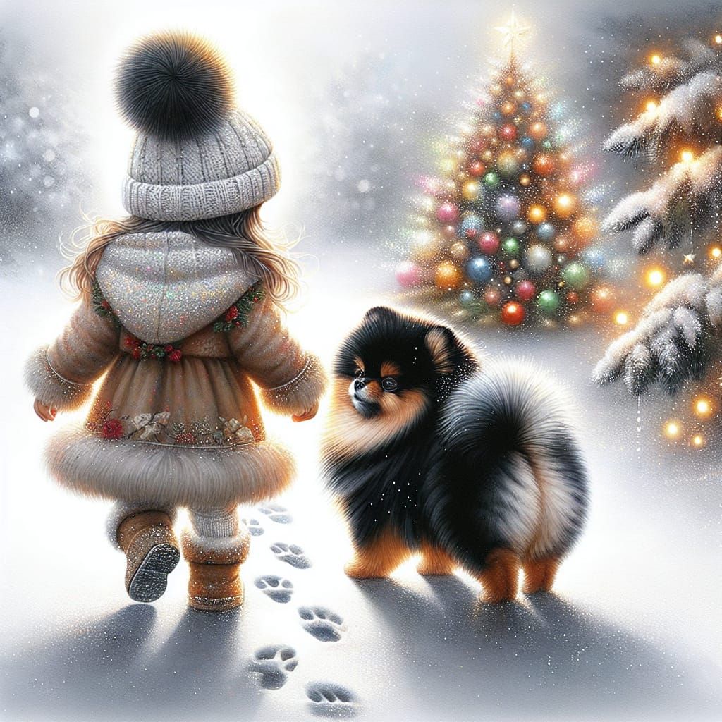Cute Girl and Fluffy Pomeranian Walking Through Snowy Winter...