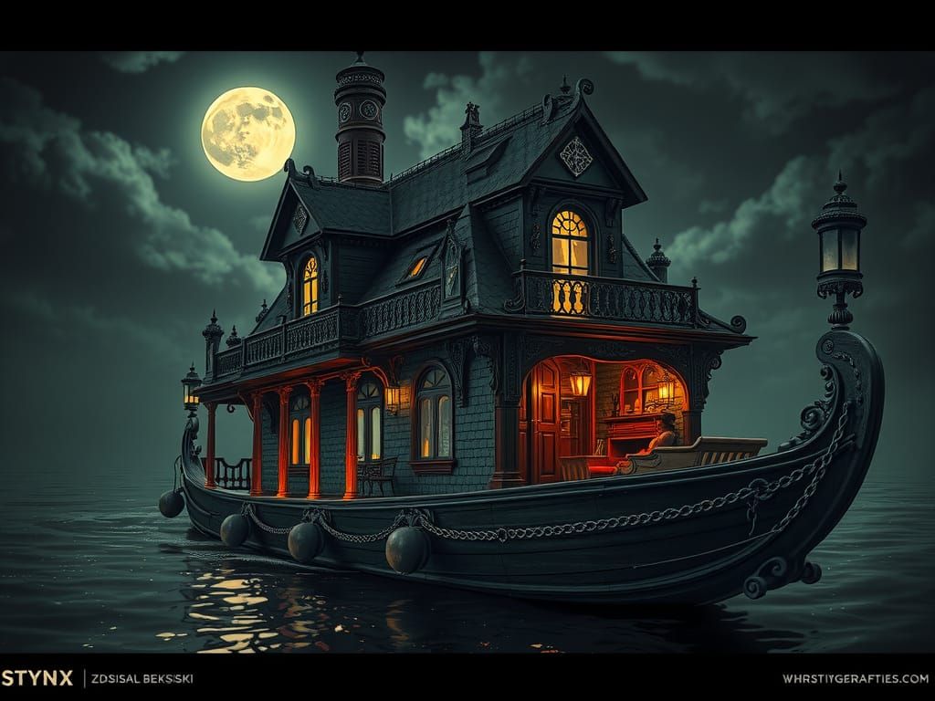 Mystical Houseboat on the Styx in Dystopian Style